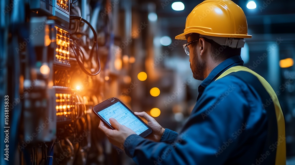 Poster worker in a hard hat checks equipment on a tablet in a technical environment.