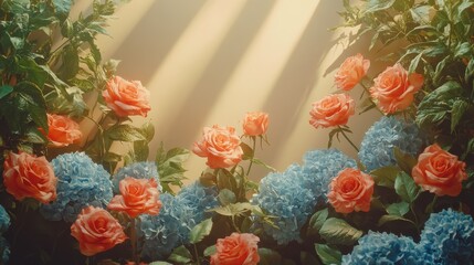 Bright roses and blue hydrangeas on taupe background with sunlight