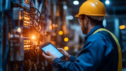Worker in a hard hat checks equipment on a tablet in a technical environment.