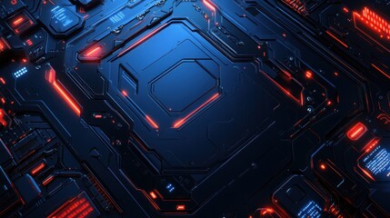 Futuristic abstract technology background with glowing red and blue circuit board.