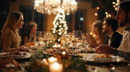 A group of guests sitting at a beautifully arranged table, enjoying a multi-course proper dinner with elegant decor.
