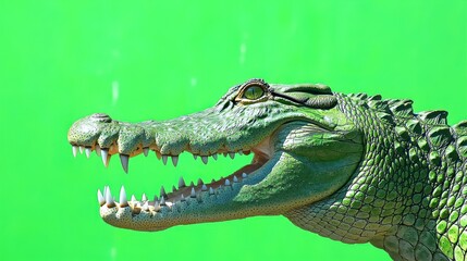 Fototapeta premium Close-up profile of a crocodile's head and open jaws against a vibrant green background.