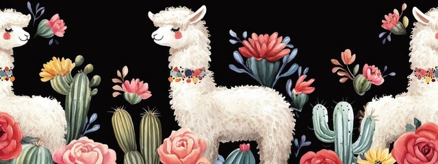 A whimsical design featuring fluffy llamas surrounded by colorful flowers and cacti.