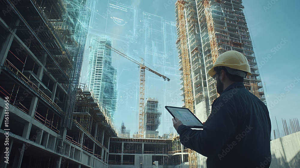 Poster worker using a tablet on a construction site with digital overlays.