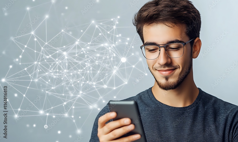Aufkleber young man using a smartphone with a digital network graphic in the background.