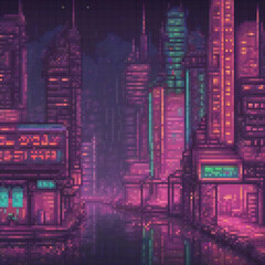 Fototapeta premium Neon-lit futuristic cityscape in pixel art, captivating nighttime vibes.
