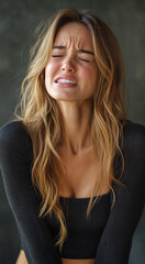 a woman having severe back pain, pain expression in her face