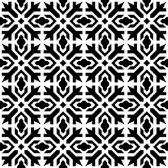 Seamless black and white geometric pattern, featuring a symmetrical design with abstract shapes. Suitable for backgrounds, wallpapers, textiles, fabrics, wrapping paper, packaging, etc.