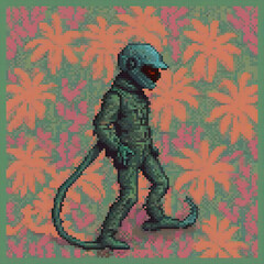 Fototapeta premium A pixel art depiction of a man in a space suit with a hose, showcasing retro sci-fi style.