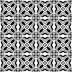 Seamless black and white geometric pattern, featuring a symmetrical design with floral motifs. Suitable for backgrounds, wallpapers, textiles, fabrics, wrapping paper, packaging, etc.