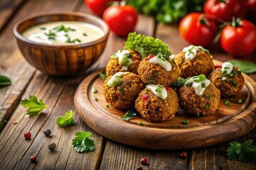 Aerial view: golden-brown falafel, rich tahini sauceâ€”Eastern vegetarian cuisine at its finest.