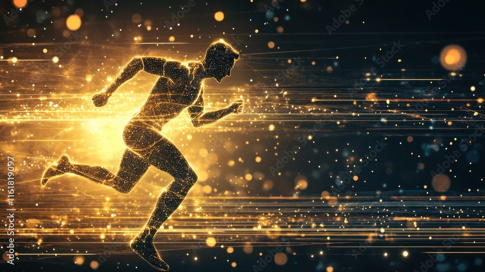 Poster dynamic runner silhouette with glowing particles and motion effect