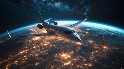 Fototapeta premium A futuristic airplane flying above the glowing nighttime Earth, detailed city grids visible below and a breathtaking galaxy in the sky, emphasizing global travel advancement