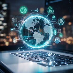Obraz premium A futuristic Earth hologram hovering above a laptop keyboard, with icons representing clean energy and sustainable development, bright and innovative atmosphere