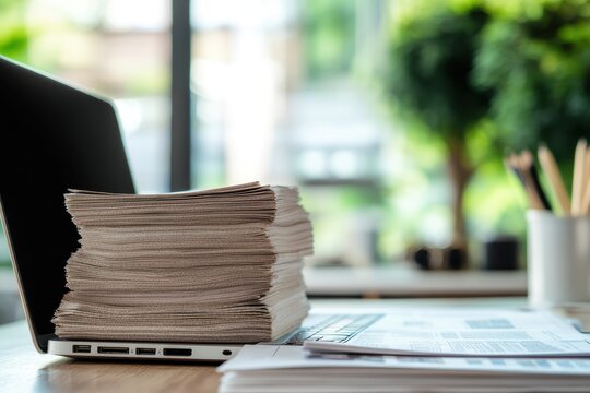 A cluttered desk features a stack of documents next to a laptop, with natural light streaming through windows. Plants in the background add a touch of greenery.