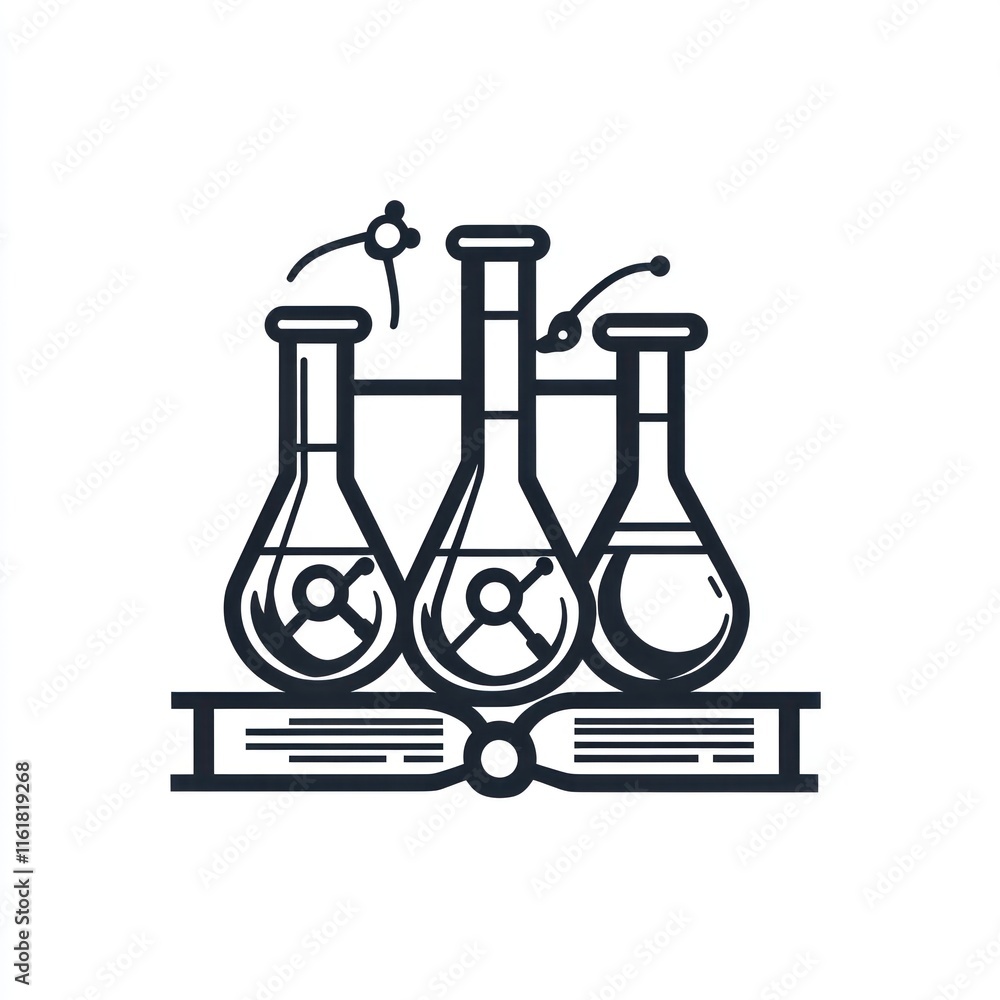 Poster three erlenmeyer flasks on a book, representing science and knowledge.