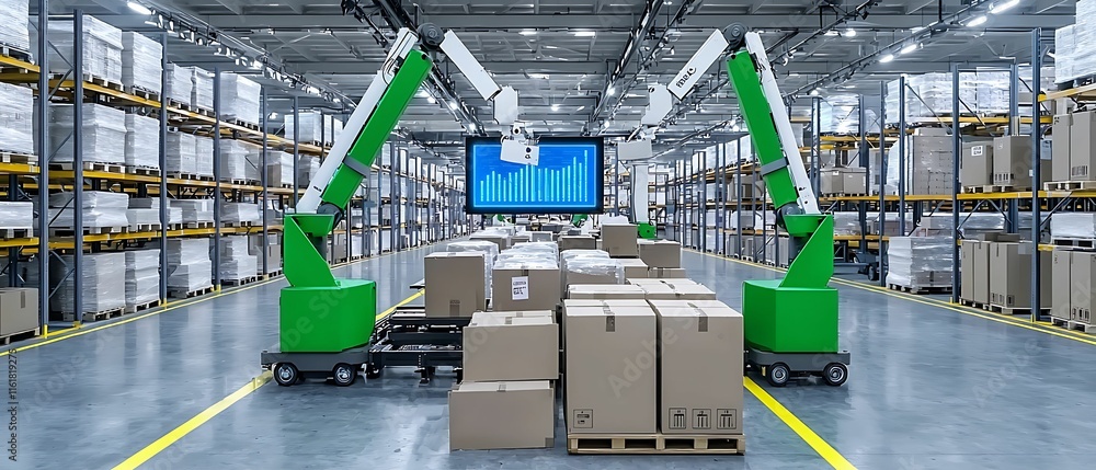 Aufkleber a modern warehouse featuring robotic arms, automated packaging, and a large screen displaying data a