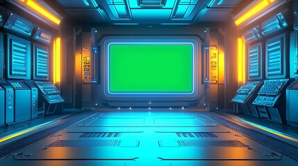 Futuristic spaceship interior with green screen. (1)