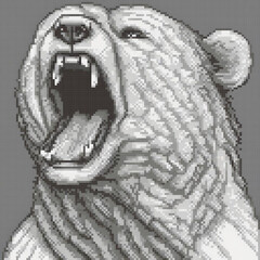 Black and white pixel art bear with an open mouth