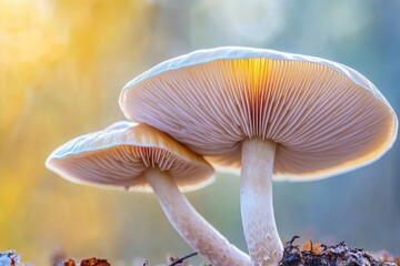 Two mushrooms stand side by side on a forest floor, illuminated by soft morning light, highlighting their delicate features and the surrounding nature in vibrant colors.