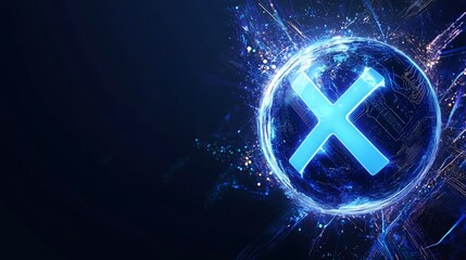 Glowing blue X symbol in digital sphere.
