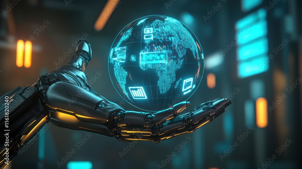 Poster futuristic robot hand holding digital globe with data visualizations