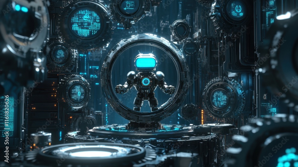 Poster futuristic robot surrounded by high-tech machinery in cyber environment
