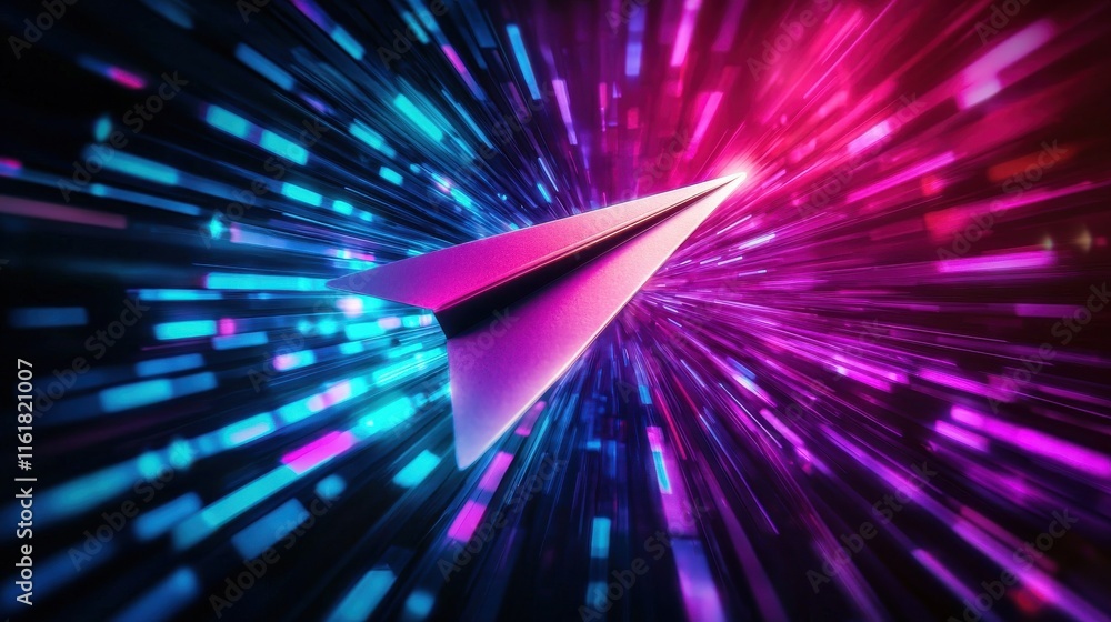 Poster navigating the future a paper airplane's journey towards its goal through light trails digital realm