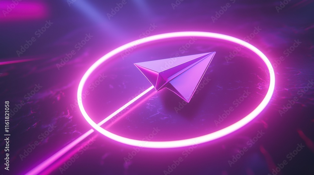 Poster achieving goals with a symbolic paper airplane illuminated path to targets in a futuristic digital l