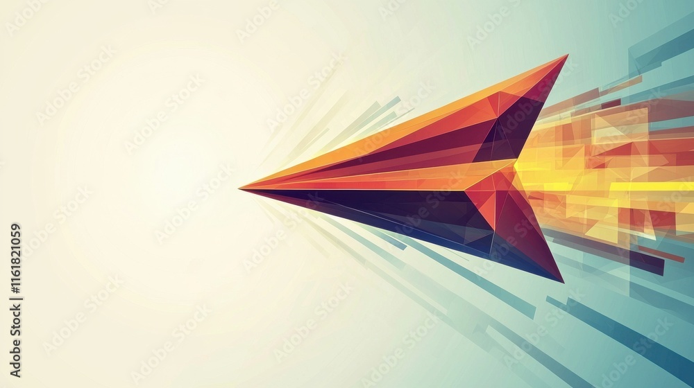Poster artistic paper airplane in motion towards goal digital realm graphics minimalist style dynamic persp