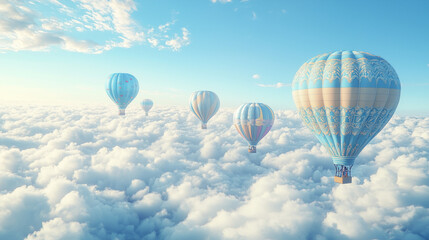 Obraz premium Colorful patterned hot air balloons float above clouds under a blue sky