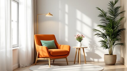 Minimalist home interior design of modern living room. Serene reading corner with orange armchair, small side table and lush green plant. The natural light highlights soft rug and warm-toned wall.