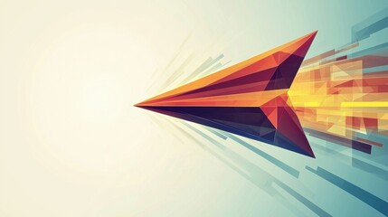 Artistic paper airplane in motion towards goal digital realm graphics minimalist style dynamic perspective innovation concept