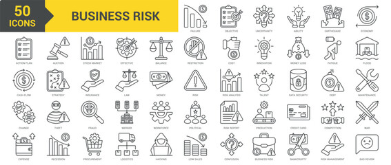 Business Risk icon collection set. Containing competition, war, recession, procurement, logistics, hacking, low sales, uncertainty, bankruptcy, risk management, bad review icon. Simple line vector