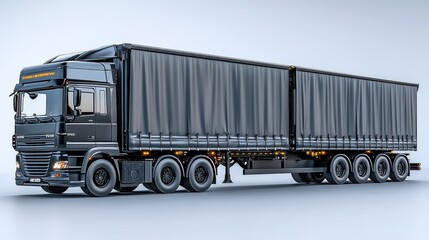 Black semi-truck with curtain sider trailer on light background.