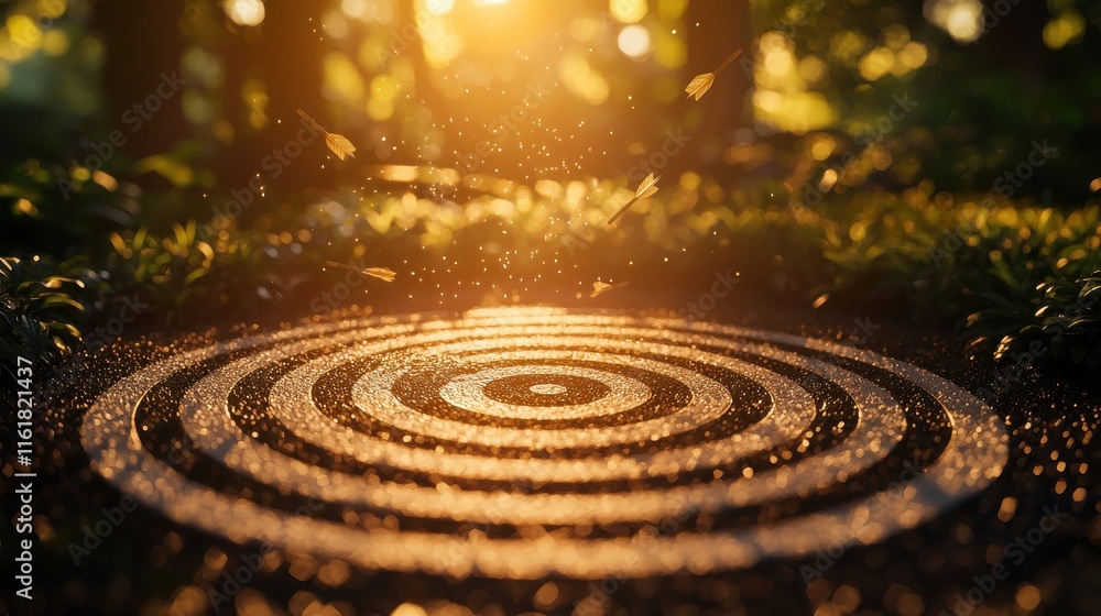 Poster achieving precision goals dartboard targeting arrows in a tranquil nature setting close-up view for 