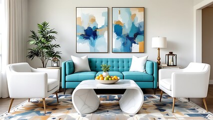 Minimalist, loft home interior design of modern living room with classic blue sofa and white armchairs against tiled concrete wall.