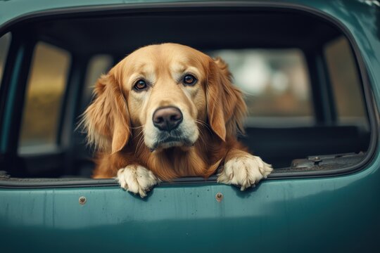 A golden retriever rests its paws on the window ledge of an old car, gazing outside with a curious expression, surrounded by green landscapes on a clear day.