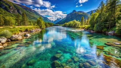 Crystal clear waters of the river winding its way through the breathtaking natural surroundings in Tafjord, Norway , Tafjord