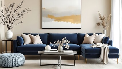 Scandinavian interior design of modern living room. Modern blue sofa with cushions and contemporary black round coffee table in a well-lit stylish living room.
