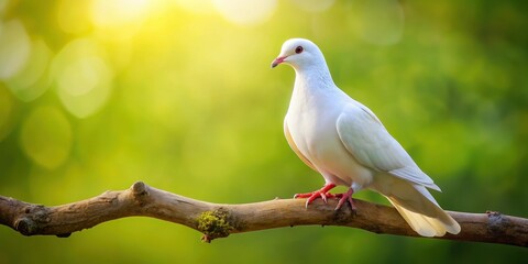 Fototapeta premium A peaceful white dove perched on a branch , Peaceful, bird, wildlife, feather, symbol, harmony, purity, gentle, flight, wings