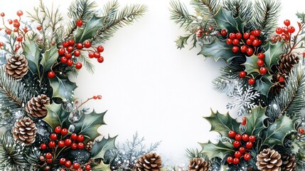 Fototapeta premium [Christmas Frame with Holly Branches] Festive Evergreen Christmas Wreath with Red Berries and Pine Needles
