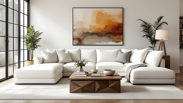 Minimalist interior design of modern bright and airy living room with a white sofa and wooden accents. Large abstract art and natural light bring warmth and elegance to the minimal decor.