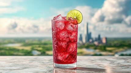 Refreshing red cocktail with ice and lime, cityscape background.