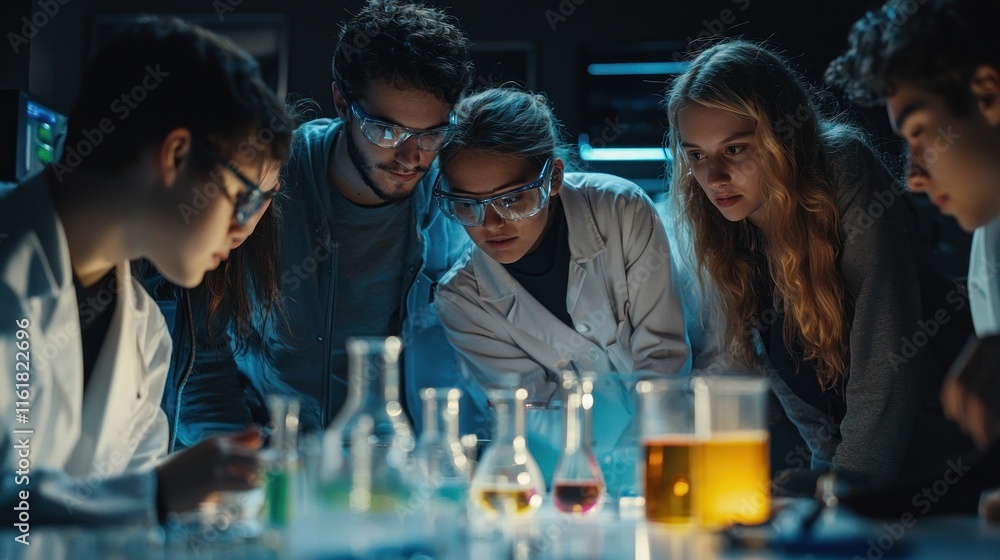 Poster a group of students in a science lab, all gathered around an experiment, watching in wonder as it un