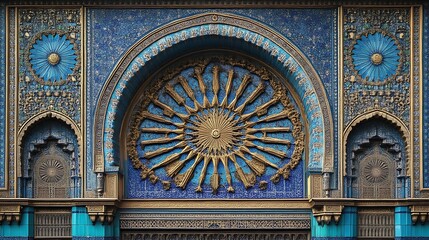 Obraz premium Ornate Blue Mosaic Architectural Detail Featuring Sunburst Design