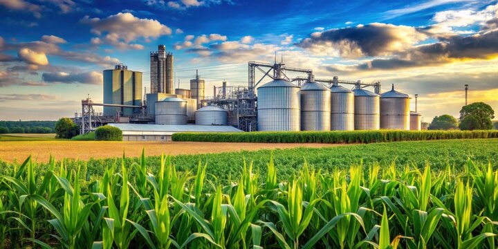 Vibrant corn field next to ethanol production facility in rural landscape, agriculture, corn, farm, biofuel