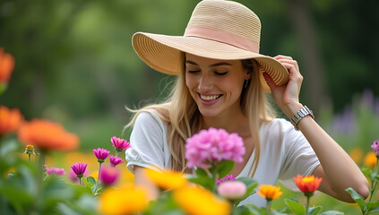 “A Woman with Lupus Wearing a Sun Hat in a Garden” – A woman wearing a wide-brimmed sun hat, tending to flowers in a lush garden, symbolizing resilience and finding joy in small moments