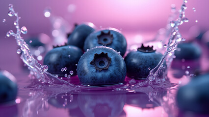 Fresh blueberries with water droplets on a vibrant purple liquid background Dynamic splashes and bright lighting emphasize freshness and juiciness