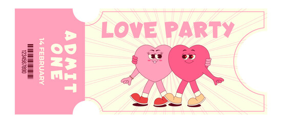 Colorful vintage love party ticket.Lovely walking hearts character in retro groovy style.Details events,barcode,date and time. Valentines day, February 14. Flat vector illustration on white background